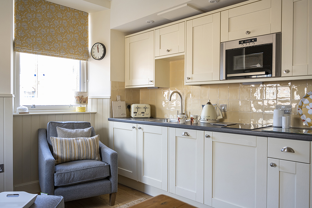 The kitchen area in our Croft House apartment, Art House Inverness