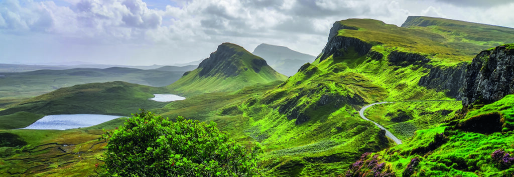 Scenic view of Quiraing mountains in Isle of Skye, Scottish highlands, United Kingdom